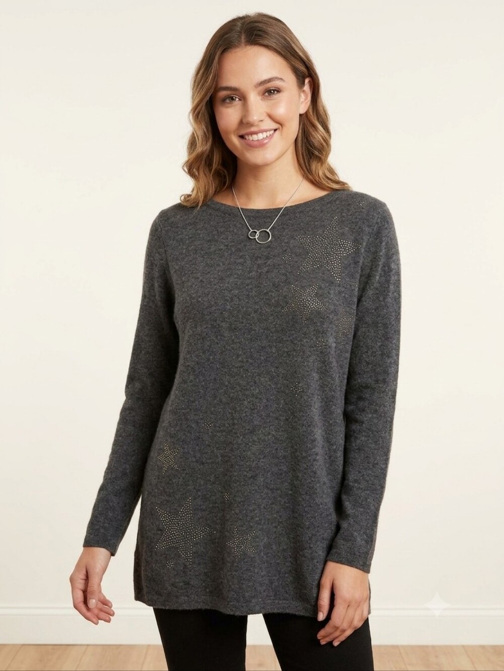 Charter Club Charcoal Gray Crew Neck Sweater with Star Studs